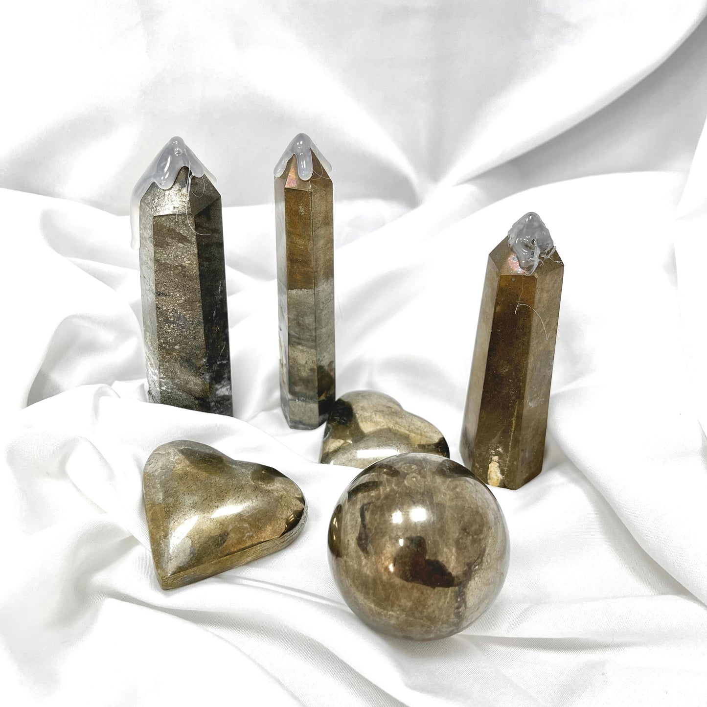 【A8】Crystal pyrite 6 piece in set, magnetic field energy stone healing crystal, gift or home ornament, 1pcs pyrite sphere,3pcs tower,2pcs heart shape