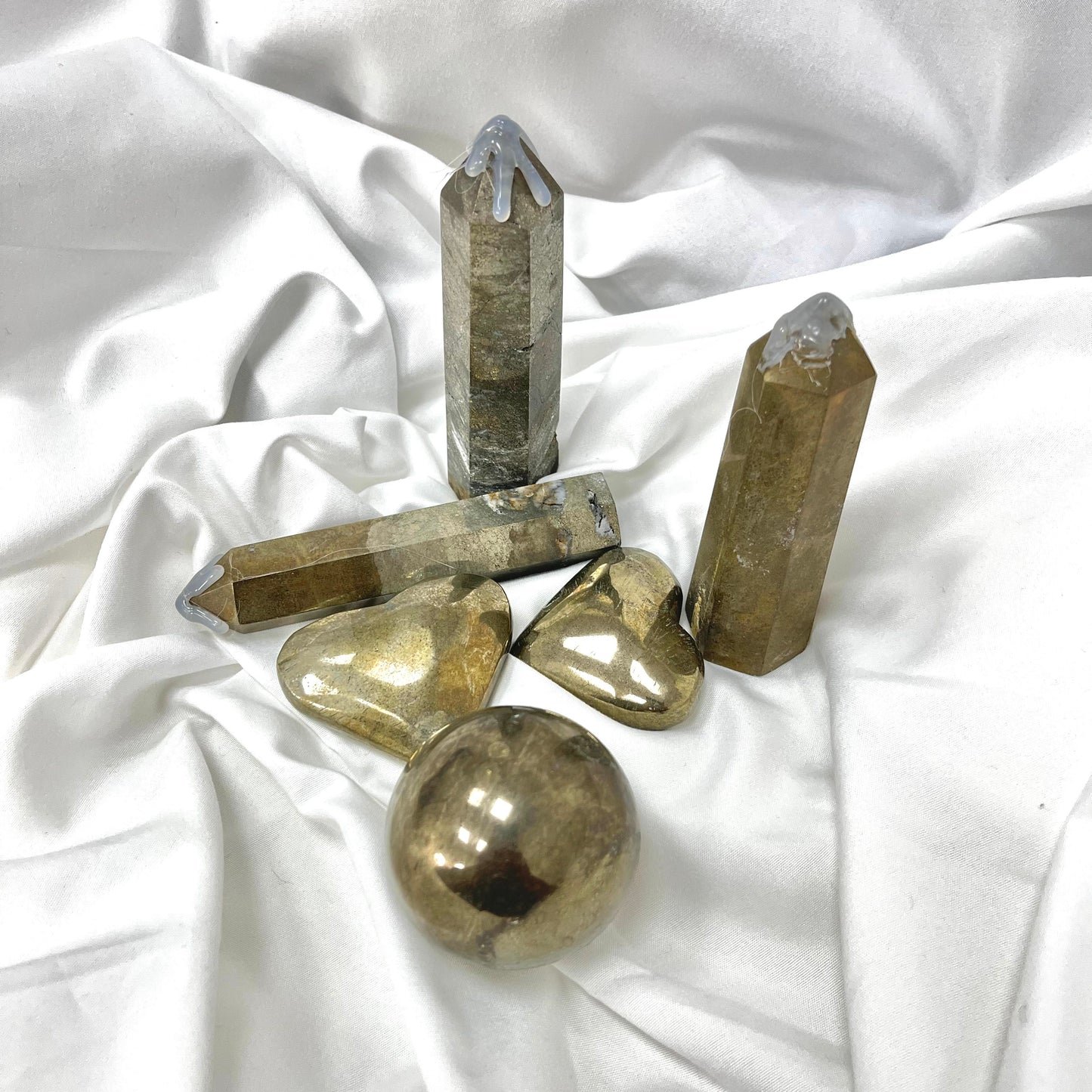 【A8】Crystal pyrite 6 piece in set, magnetic field energy stone healing crystal, gift or home ornament, 1pcs pyrite sphere,3pcs tower,2pcs heart shape