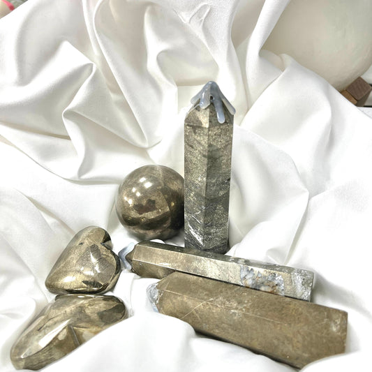 【A8】Crystal pyrite 6 piece in set, magnetic field energy stone healing crystal, gift or home ornament, 1pcs pyrite sphere,3pcs tower,2pcs heart shape