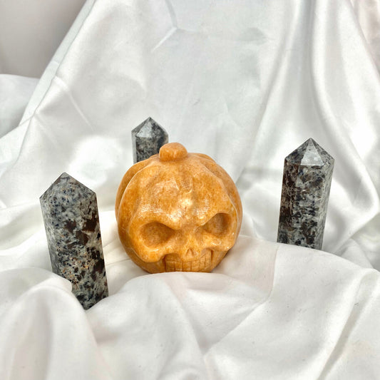 【A20】Orange Calcite Helloween Pumpkin Design Carving Set With Yooperlite Tower 4 In 1 Set