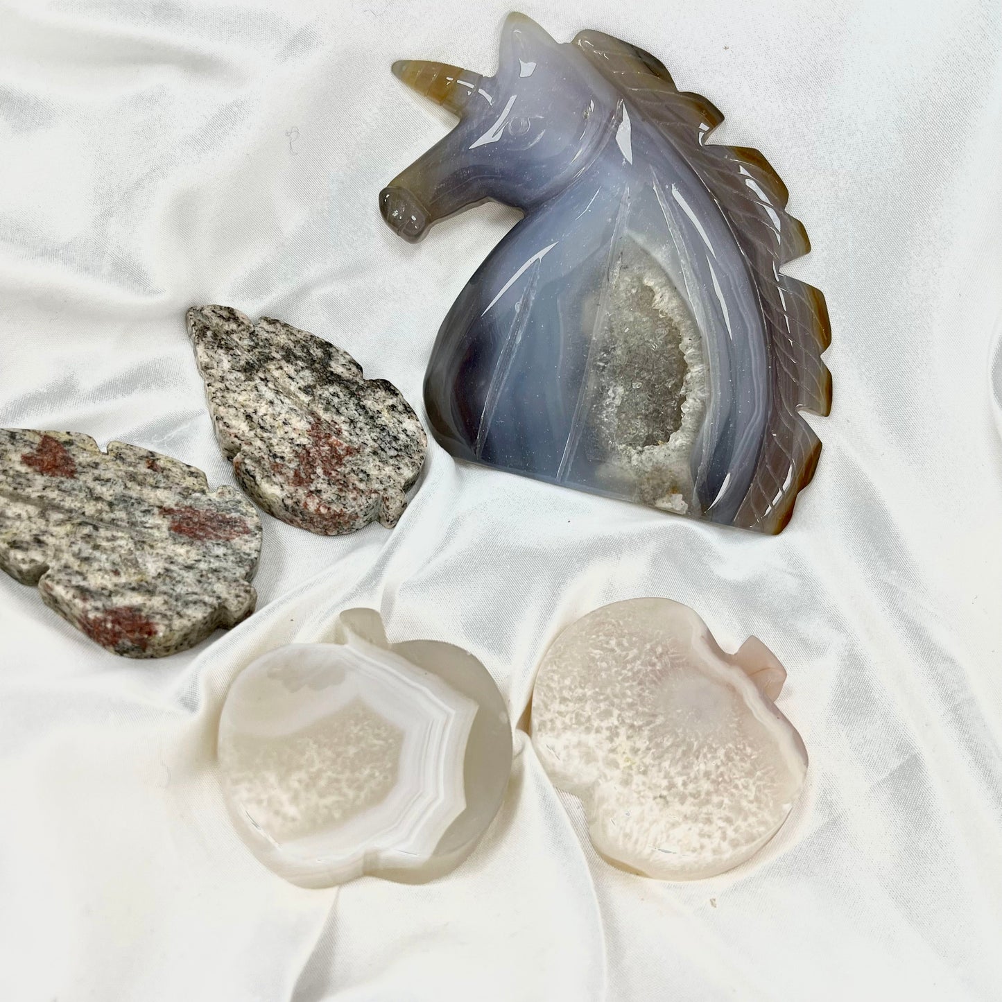 【A21】Druzy Agate Crystal Set Unicron Design Carving With 2 Flower Agate Apple 2 Sesame Stone Leaf