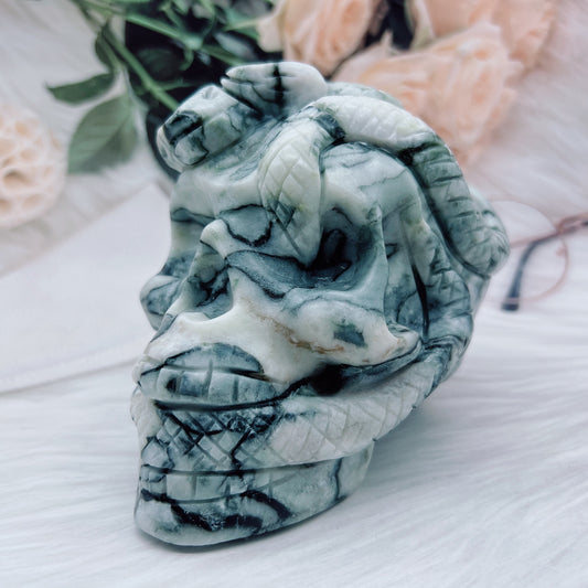 Meowcrystal Natural  black Lan Tian jade stone skull carving snake with skull medusa skull carving